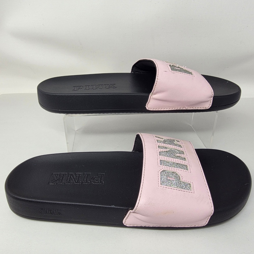 Pink Victoria's Secret Slides Women Size M 7-8 Pink Black Glitter Logo Sandals